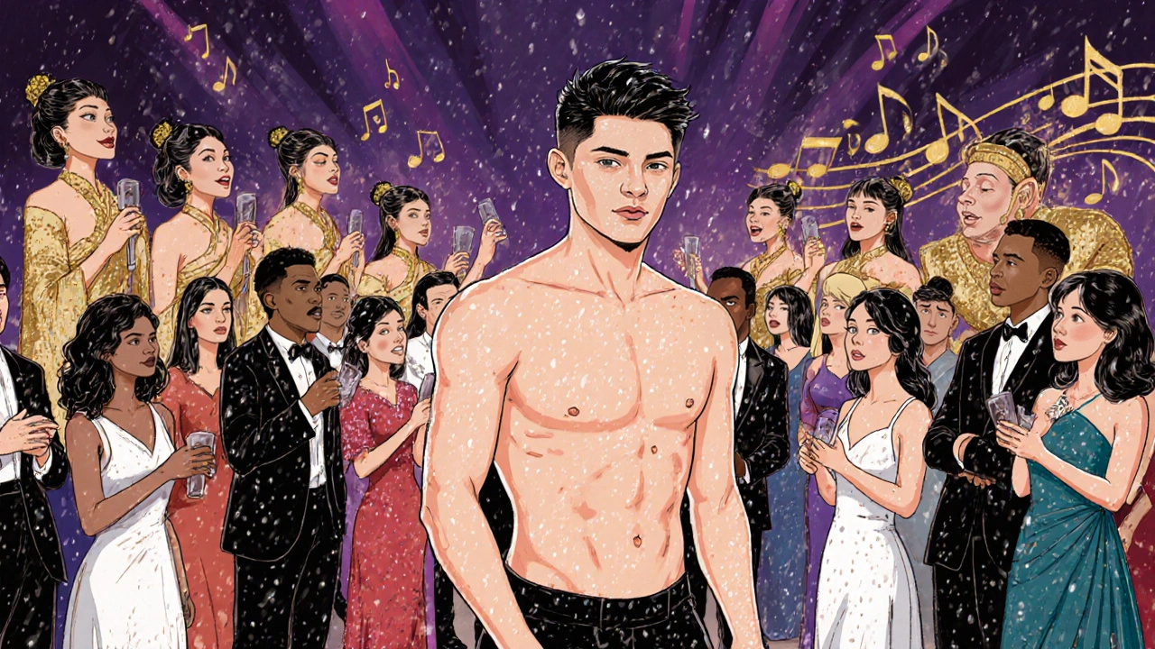 Nick Young walking confidently shirtless at a party, golden musical notes swirling as a chorus sings Mandarin pop, surrounded by diverse admirers.