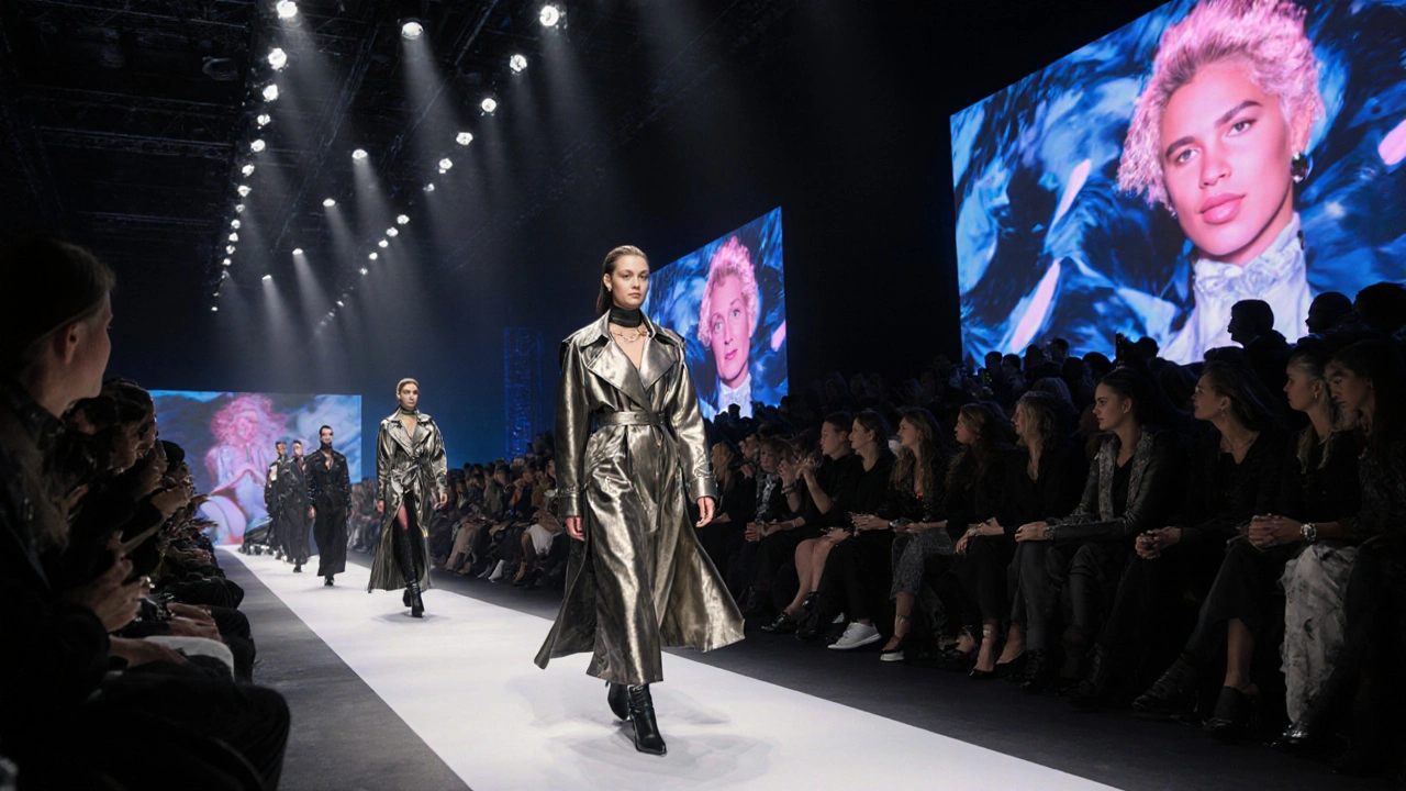 Paris runway with models, celebrities, and dramatic lighting.