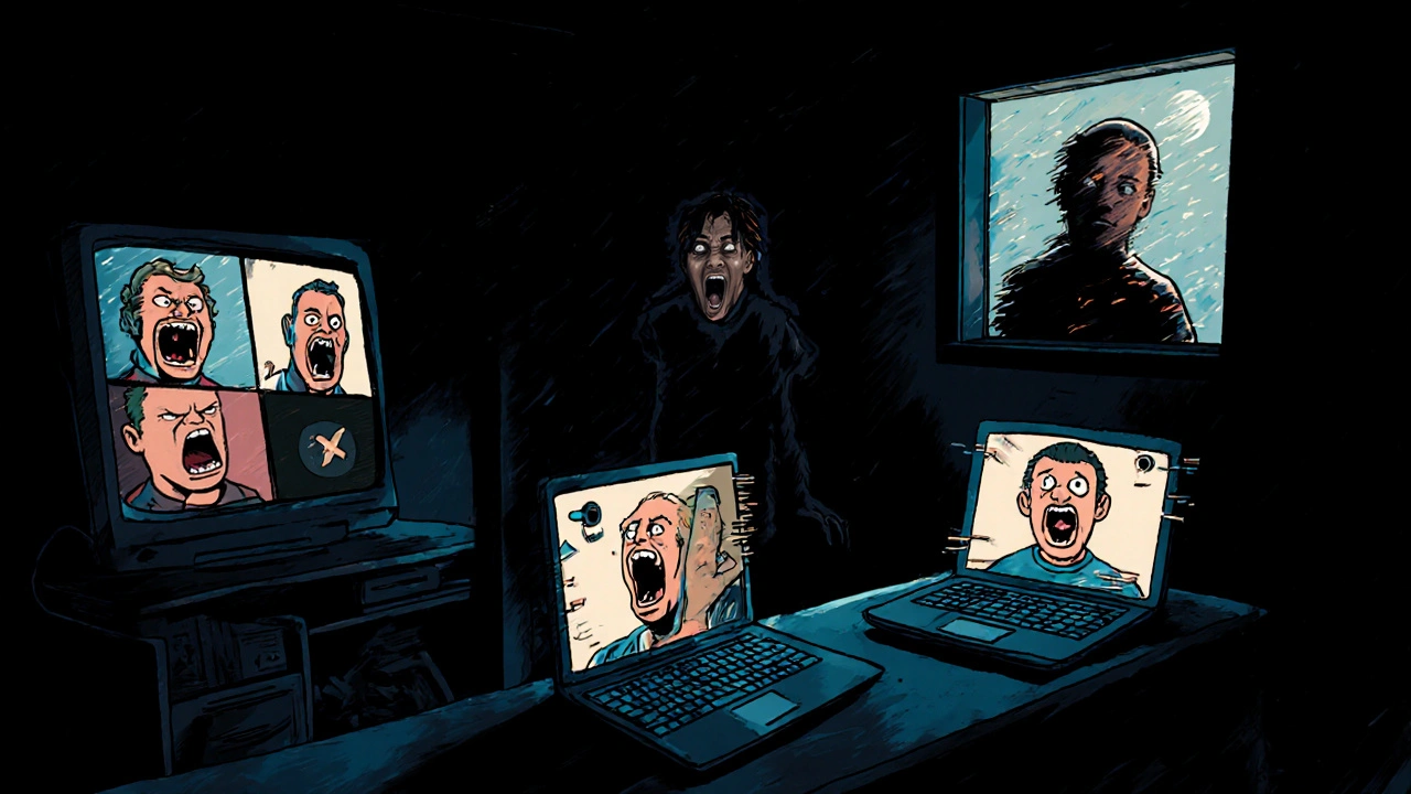 Six faces on laptop screens during a Zoom call, one glitching with distortion, dark reflection in the window.