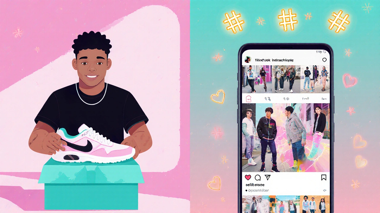 Social media split view of influencer unboxing sneakers and streetâstyle fans.