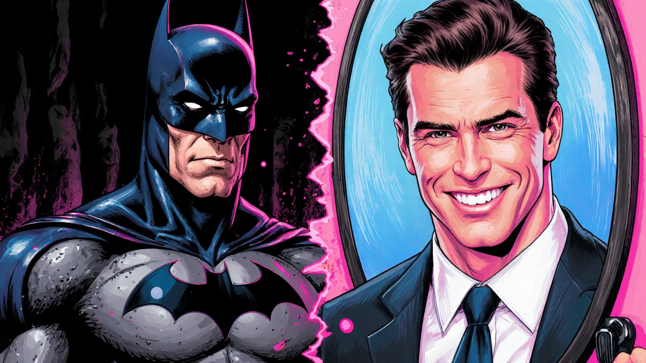 Split image: Christian Bale as Batman on one side, Patrick Bateman on the other, showcasing extreme body transformation.