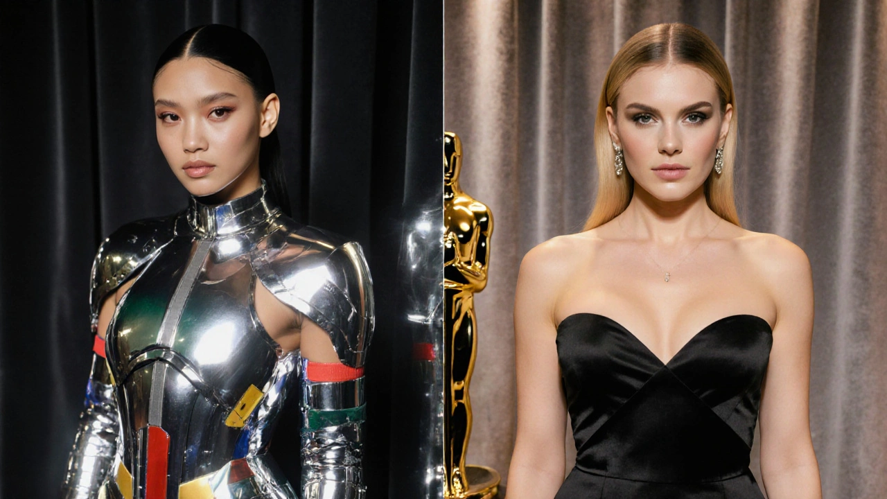 Split portrait of Zendaya in futuristic armor and Scarlett Johansson in black gown on a velvet backdrop.