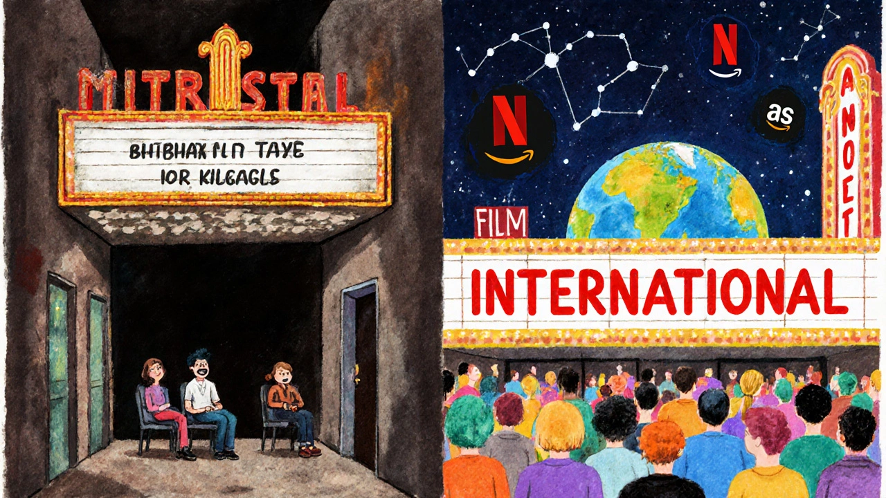 Split scene: one small theater for 'foreign' films vs. a vibrant cinema full of global audiences.