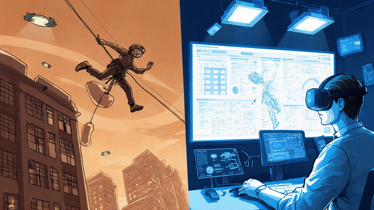 Stunt coordinator working simultaneously on a physical set and in virtual reality.