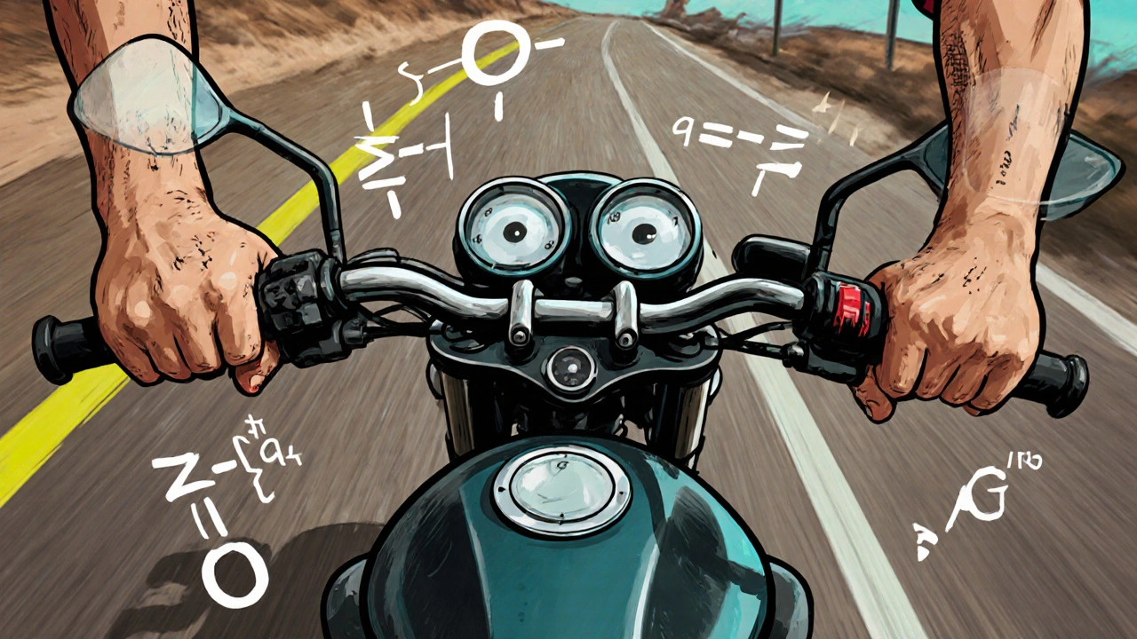 Stunt performer spinning a motorcycle on asphalt with physics equations nearby.