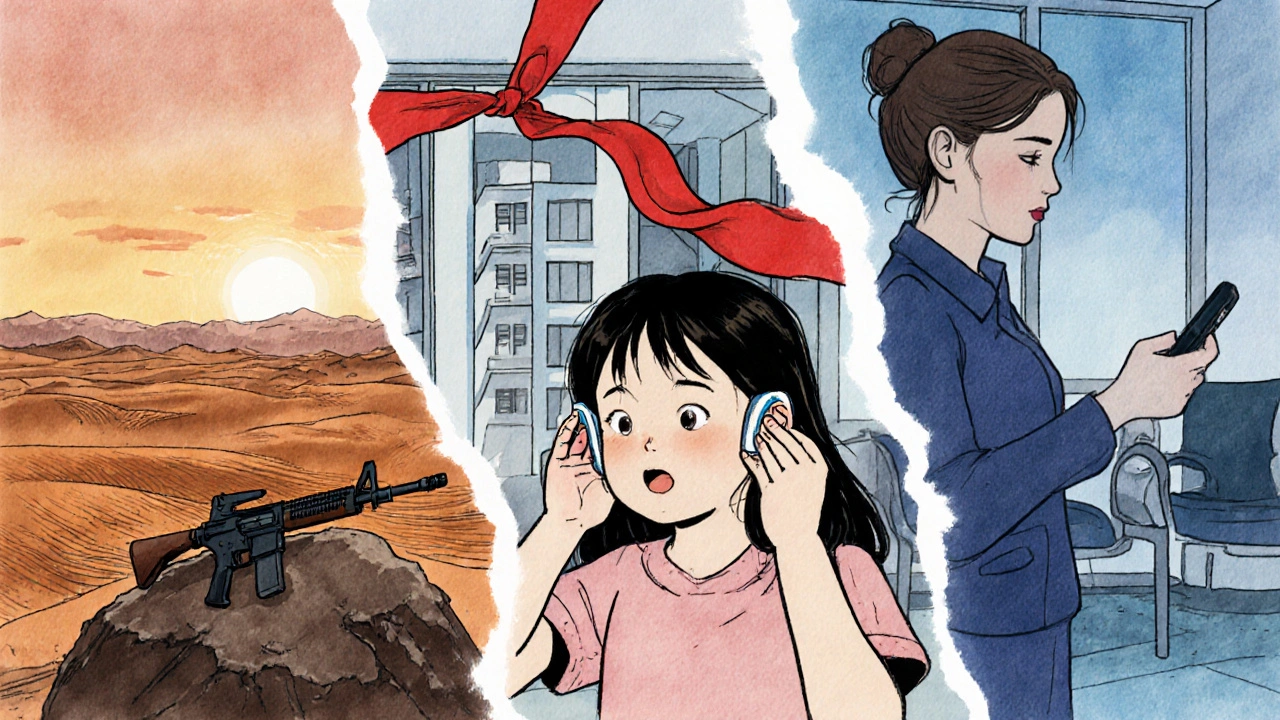 Three isolated scenes across continents linked by a drifting red scarf, conveying global emotional echoes.