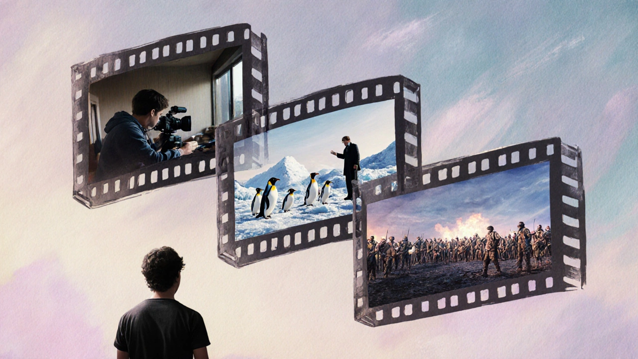 Three overlapping film reels showing a short indie clip, a nature documentary, and an epic feature.