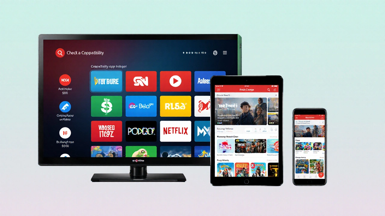 Three panels show TV, tablet, and phone with colorful streaming app icons and price symbols.