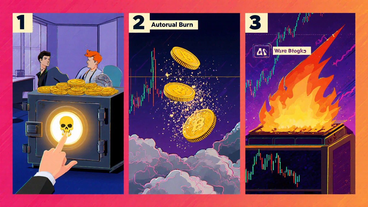 Three panels showing manual, automatic, and buy‑back‑and‑burn token destruction.