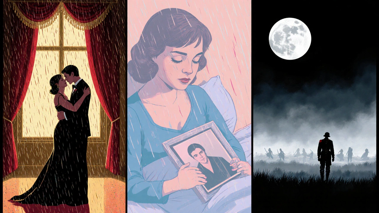 Three panels showing melodrama, tearjerker, and tragedy scenes side by side.