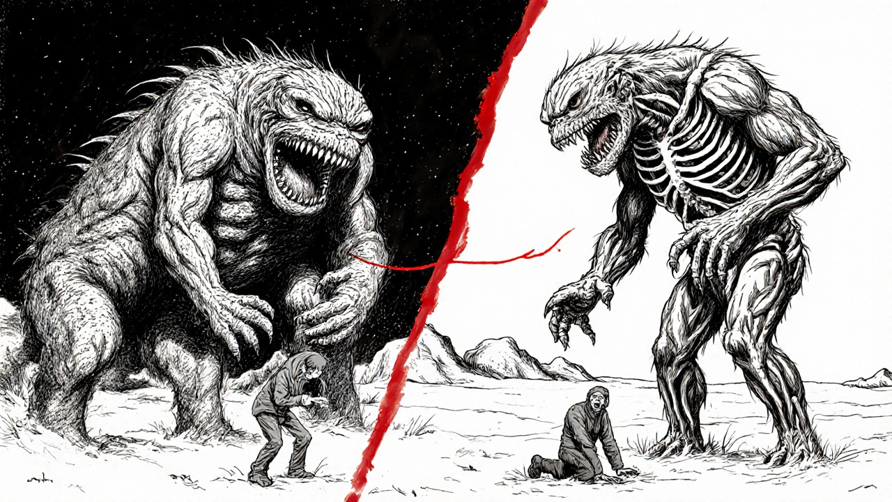 Two versions of The Thing monster side by side, connected by a red line, symbolizing the evolution of horror.