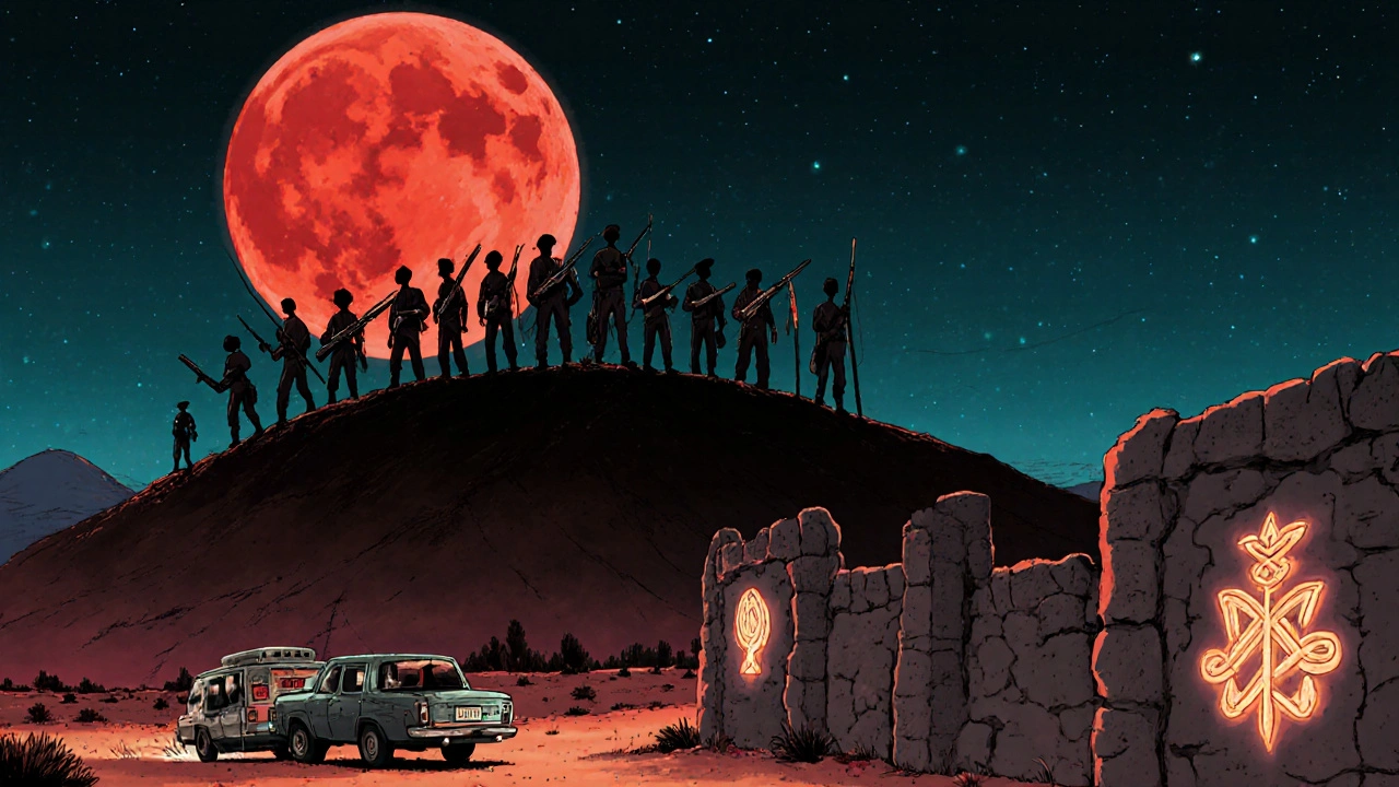 Villagers on a hill at night, armed and silhouetted against a red moon, facing mysterious vehicles below.