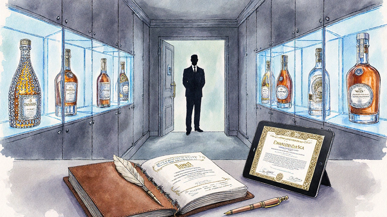 Watercolor vault interior displaying jeweled bottles and a certification tablet.