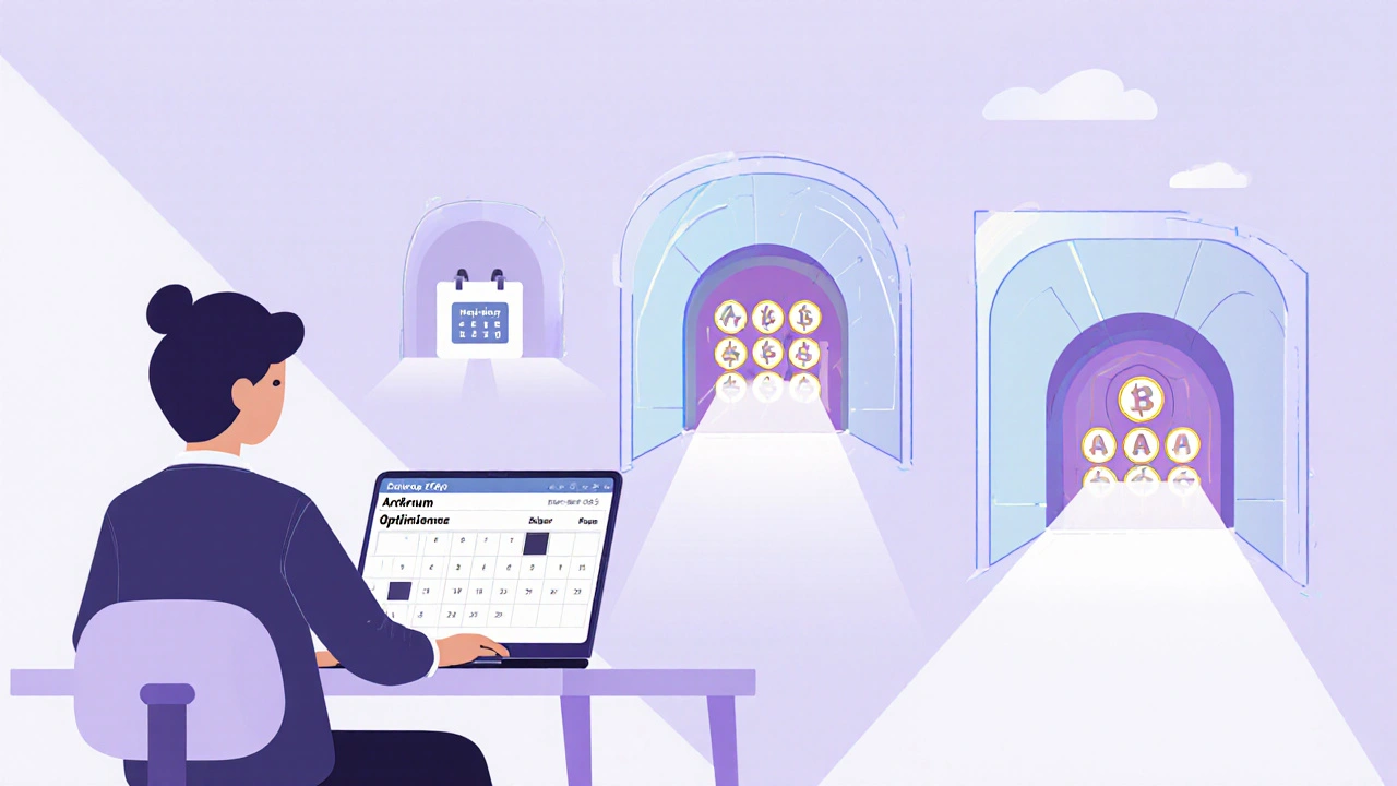 Workspace with calendar, batch transaction icons, and layer‑2 portals illustrating fee‑saving tips.