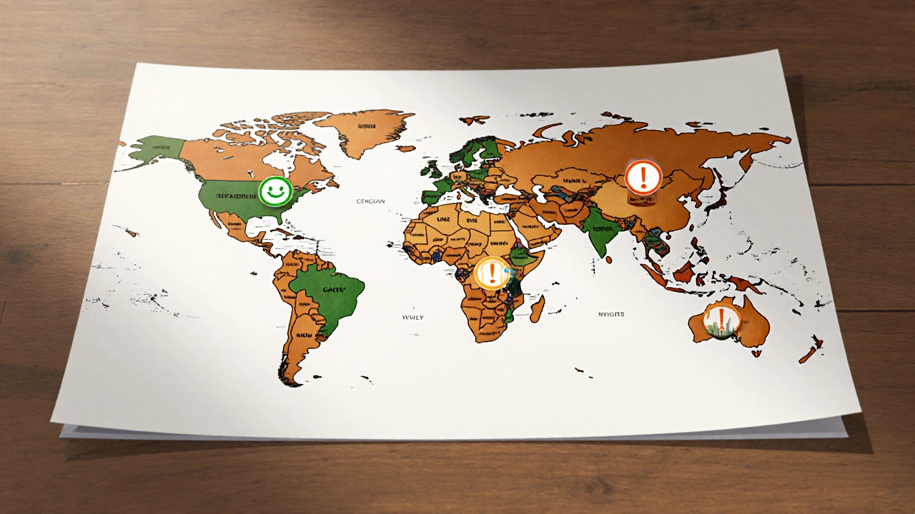 World map with green smiley icons for family‑friendly regions and orange exclamation icons for forbidden regions.