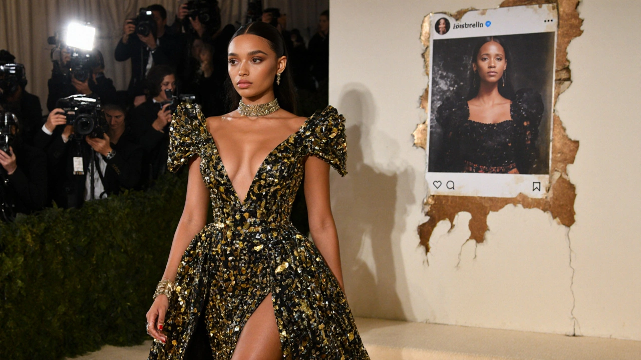Zendaya in a sculptural gown at the Met Gala, with a faded influencer ad peeling in the background.