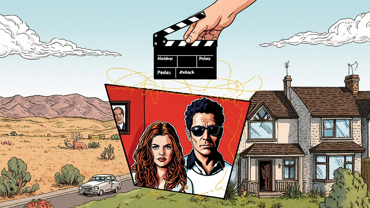 A cinematic landscape blending Western plains, vibrant family scenes, and suburban horror, stitched together by a director&#039;s clapperboard.