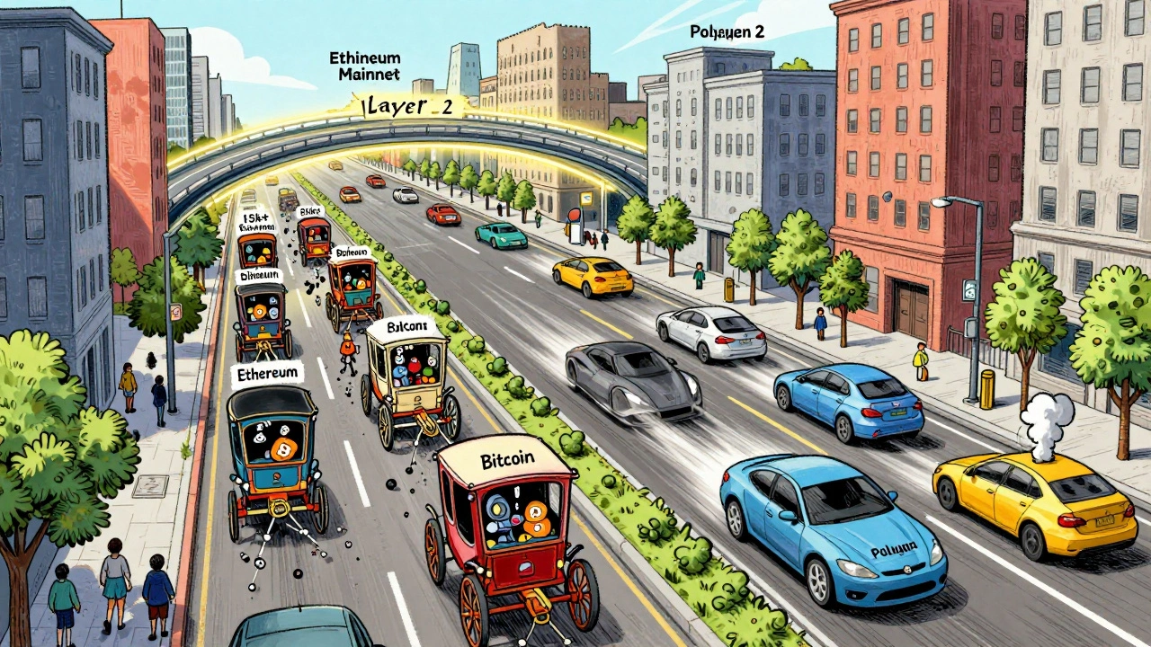 A city with slow blockchain traffic versus fast but broken ones, connected by a glowing Layer 2 highway.