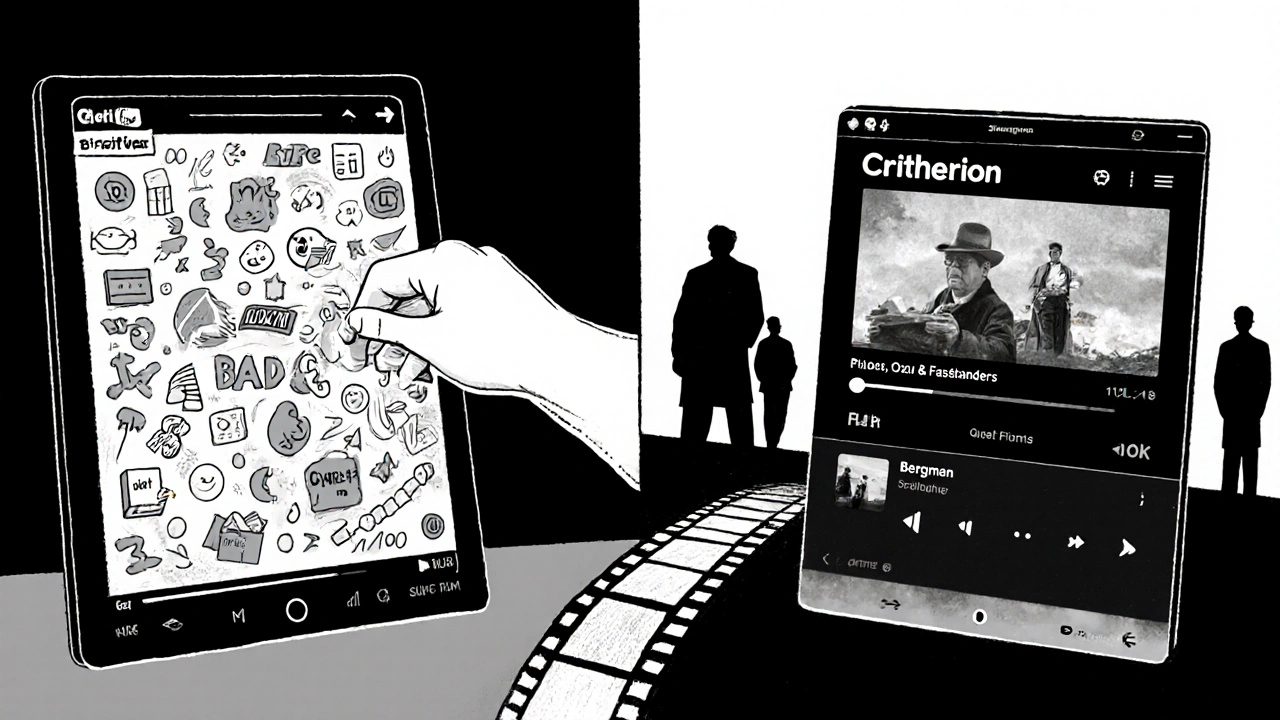 A contrast between chaotic streaming chaos and serene Criterion viewing, with film icons as silent guardians.