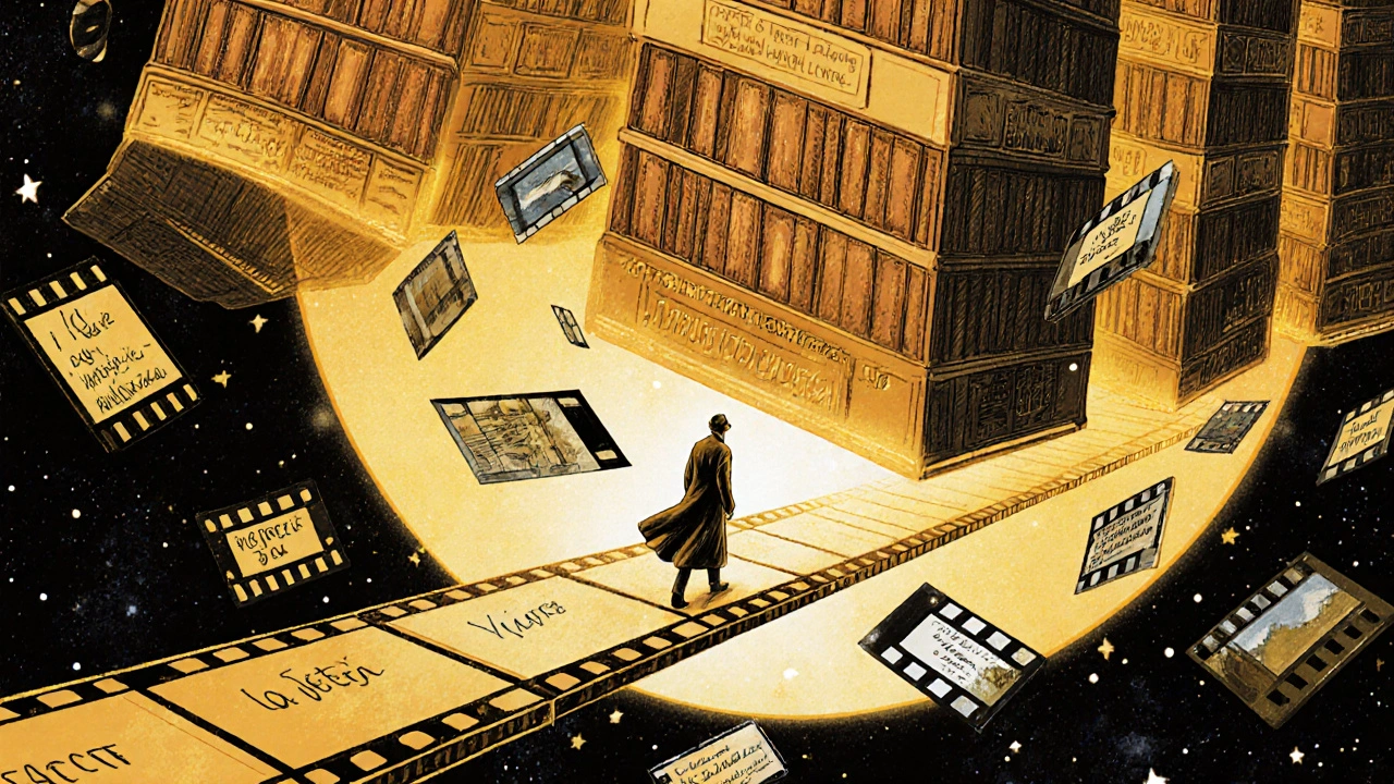 A cosmic library of restored films floats in space, with a viewer walking along a bridge made of film strips.