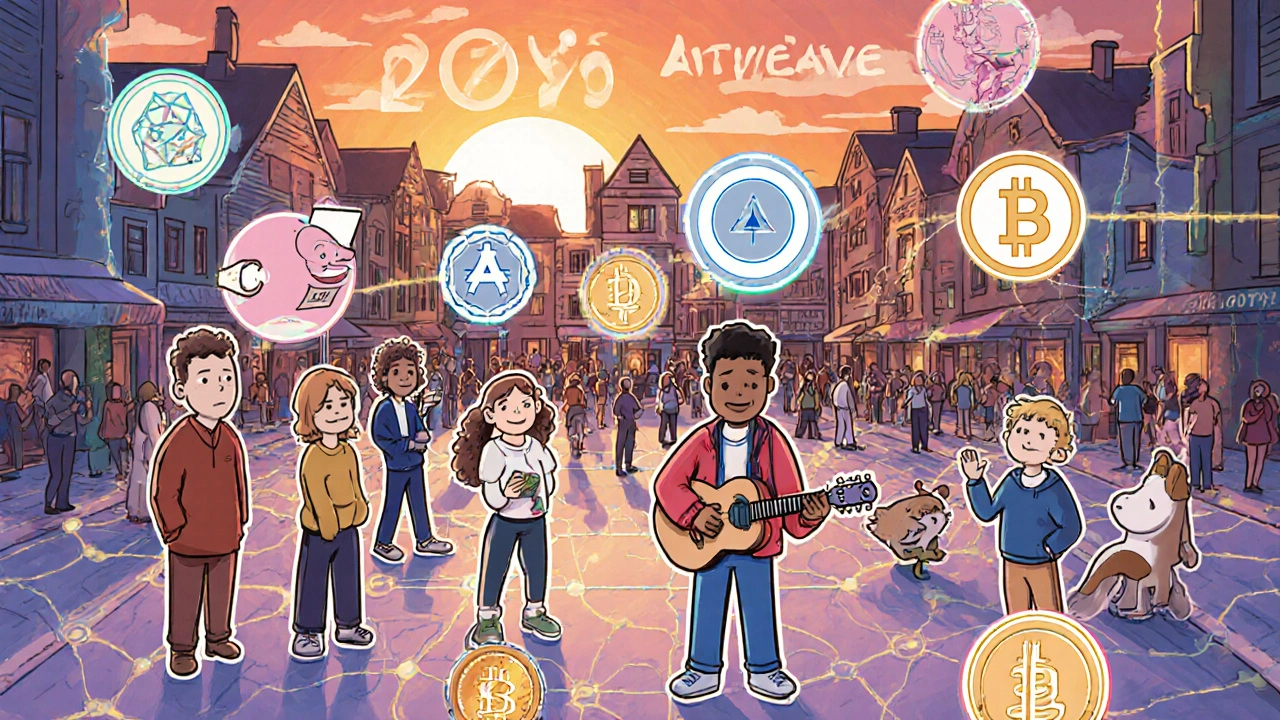A diverse community interacting with Web3 apps in a colorful digital town square, shown in playful hand-drawn illustration style.