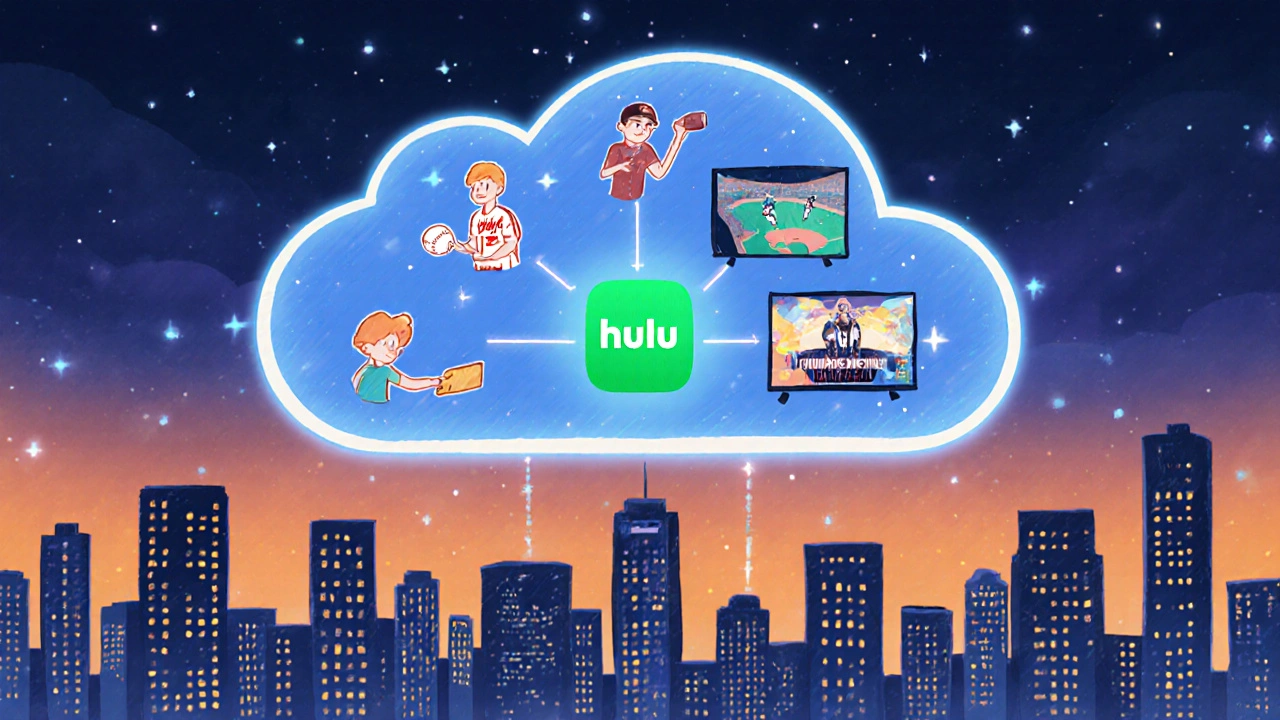 A floating cloud DVR shows multiple family members recording different shows at night.