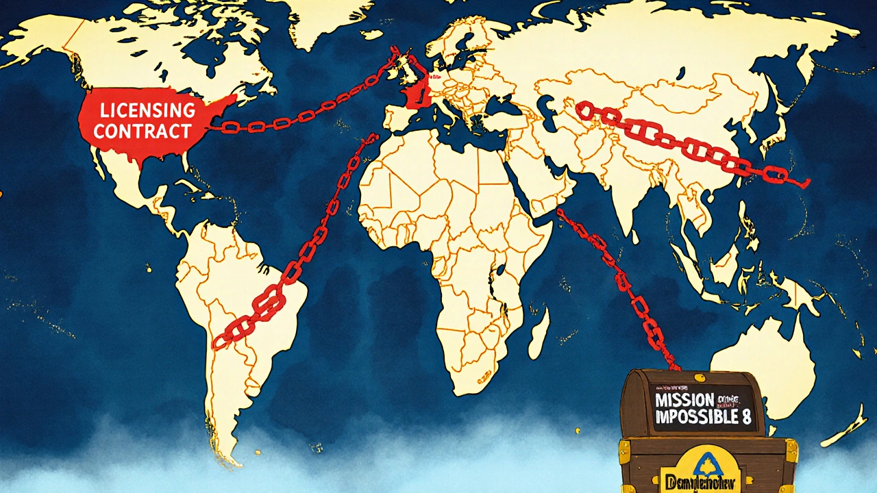 A global map with blocked content paths and locked movie chests labeled with regional rights.