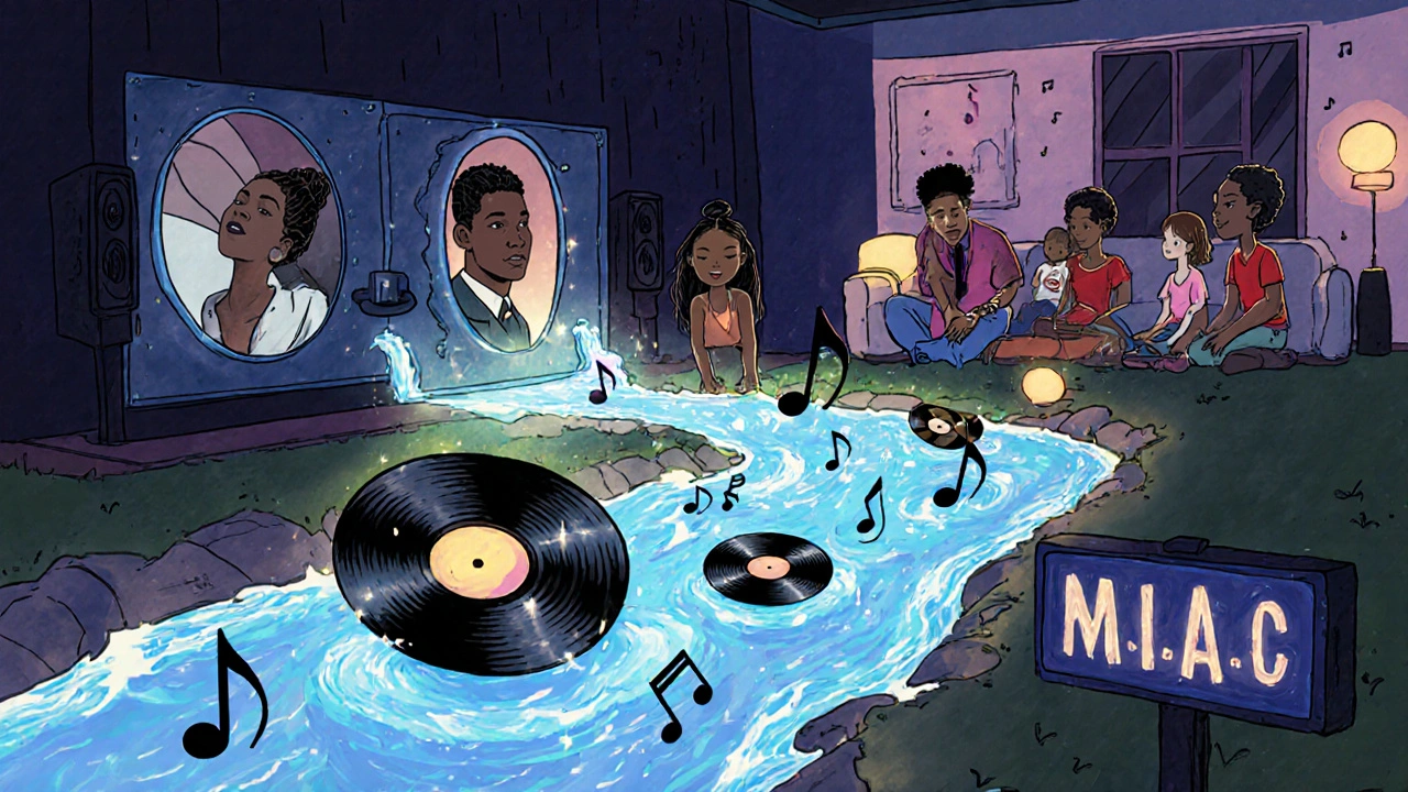 A glowing music river flowing from a studio to listeners, filled with artist portraits and audio symbols.