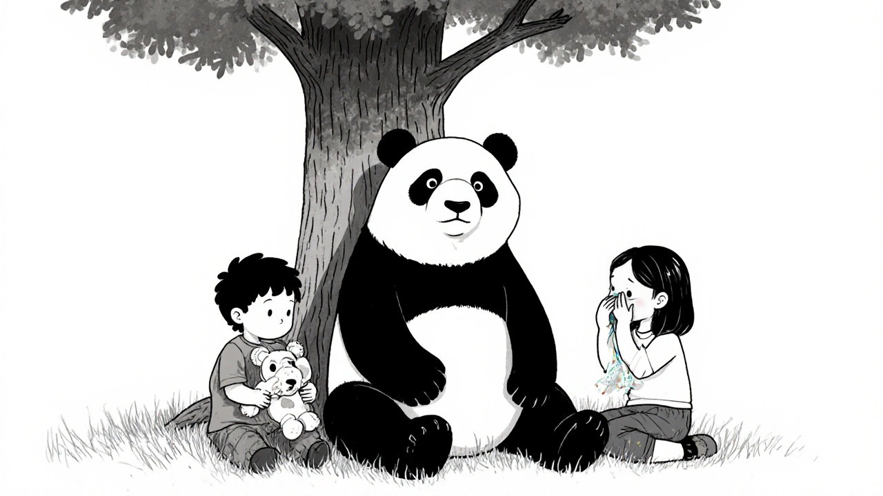 A panda and two children sit quietly together under a tree, sharing a calm moment.