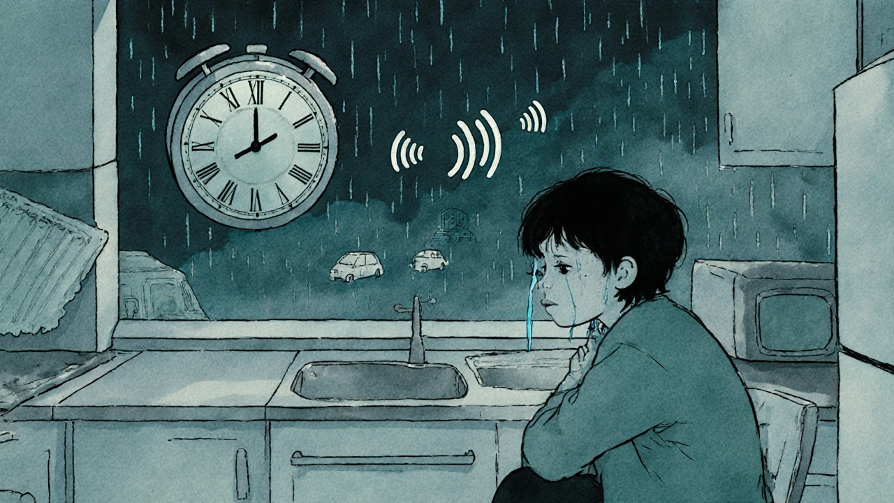 A person in a quiet kitchen at night, emotional tones and floating sound waves from a ticking clock.