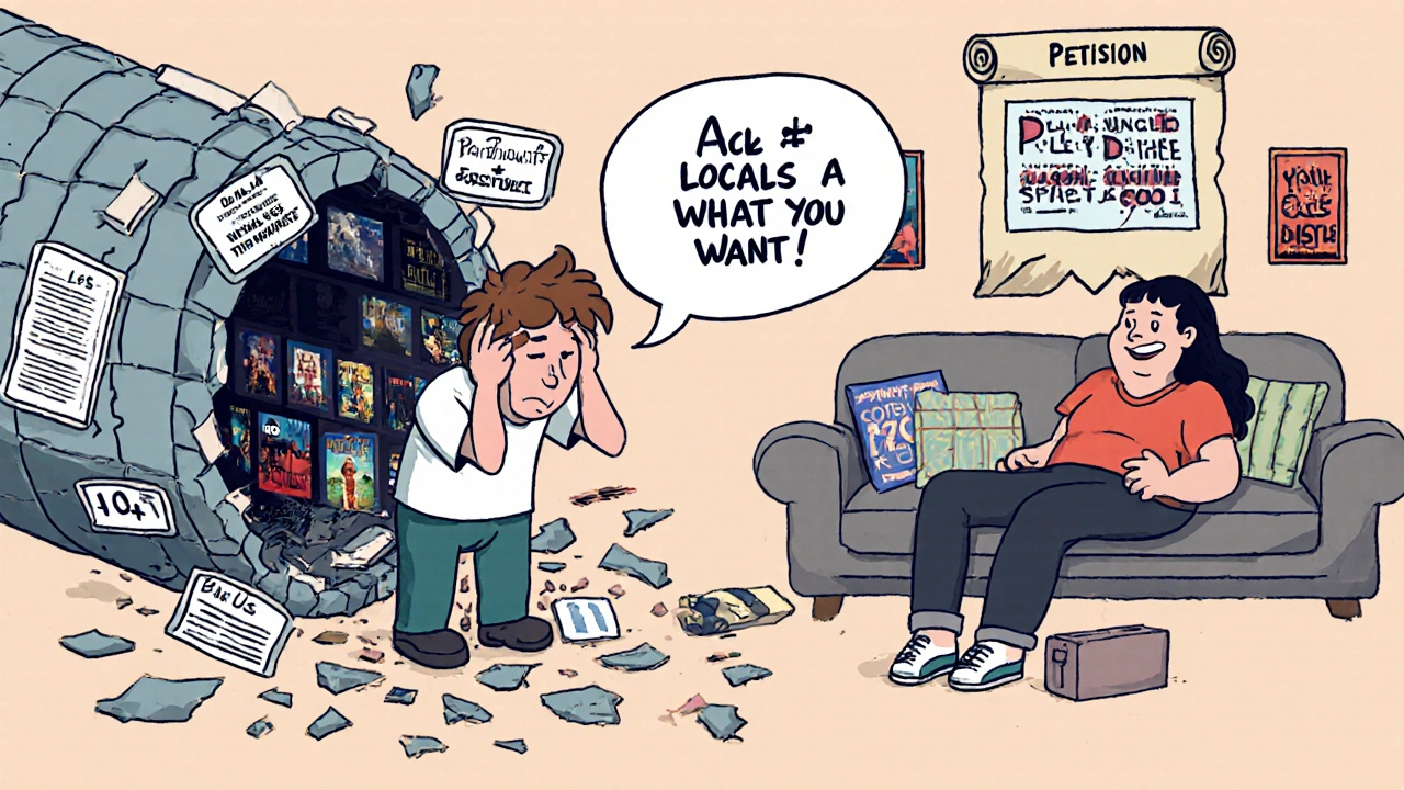 A person using a crumbling VPN tunnel to access US content while another enjoys local shows on a cozy couch.