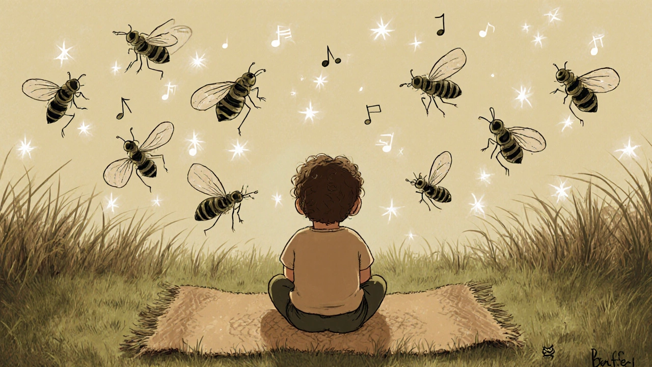 A toddler watching friendly bugs sing in a grassy meadow under glowing fireflies.