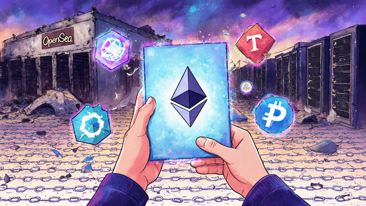 A user holding a glowing NFT as a corporate server farm crumbles behind them, depicted in vibrant hand-drawn digital art.