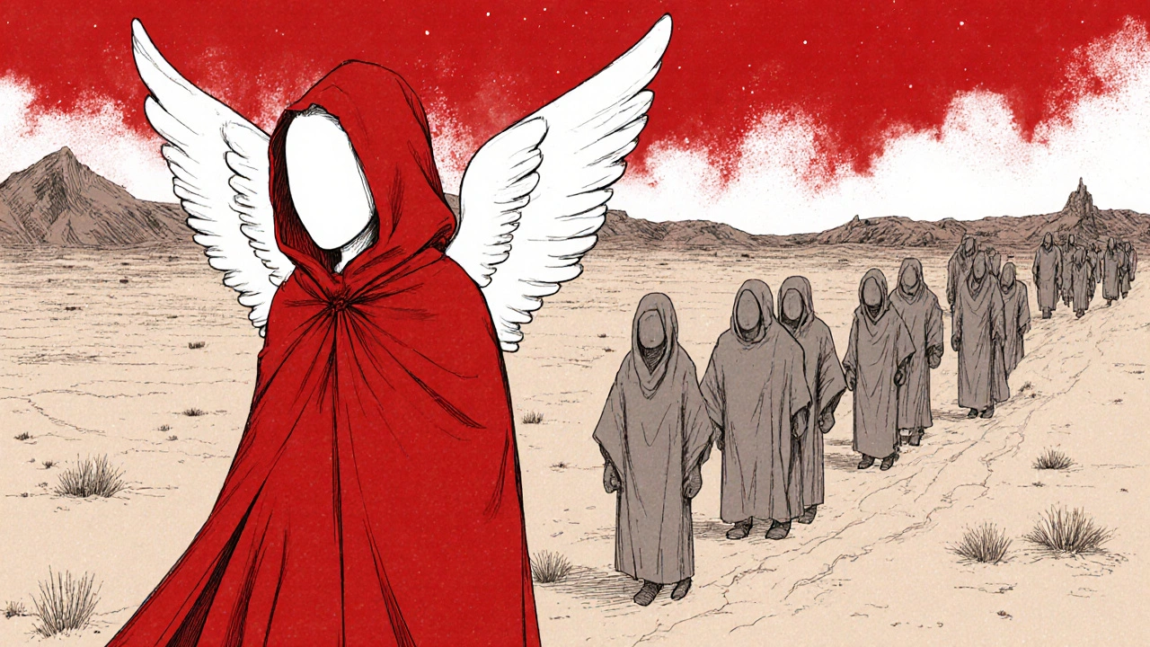 A woman in a red cloak stands alone under a dystopian red sky, wearing a white headdress.