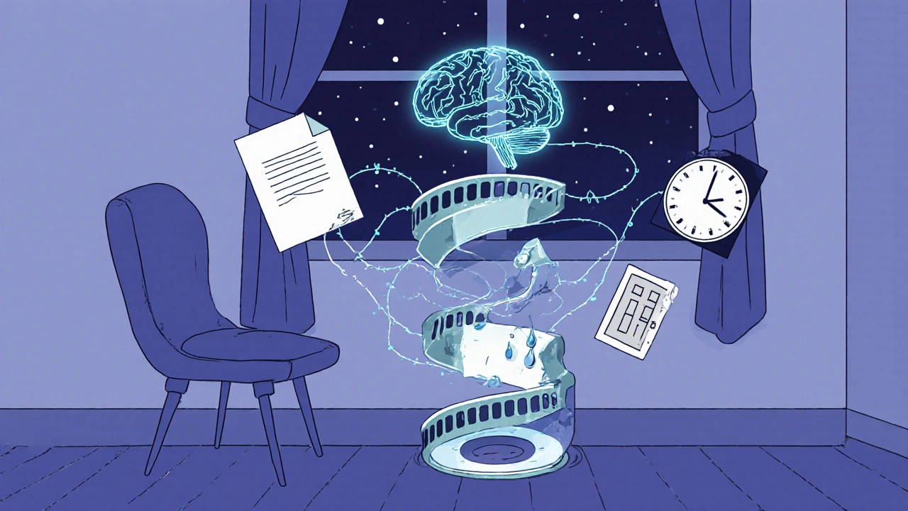 An empty room with a spinning film reel unraveling into emotional fragments and a glowing brain above.