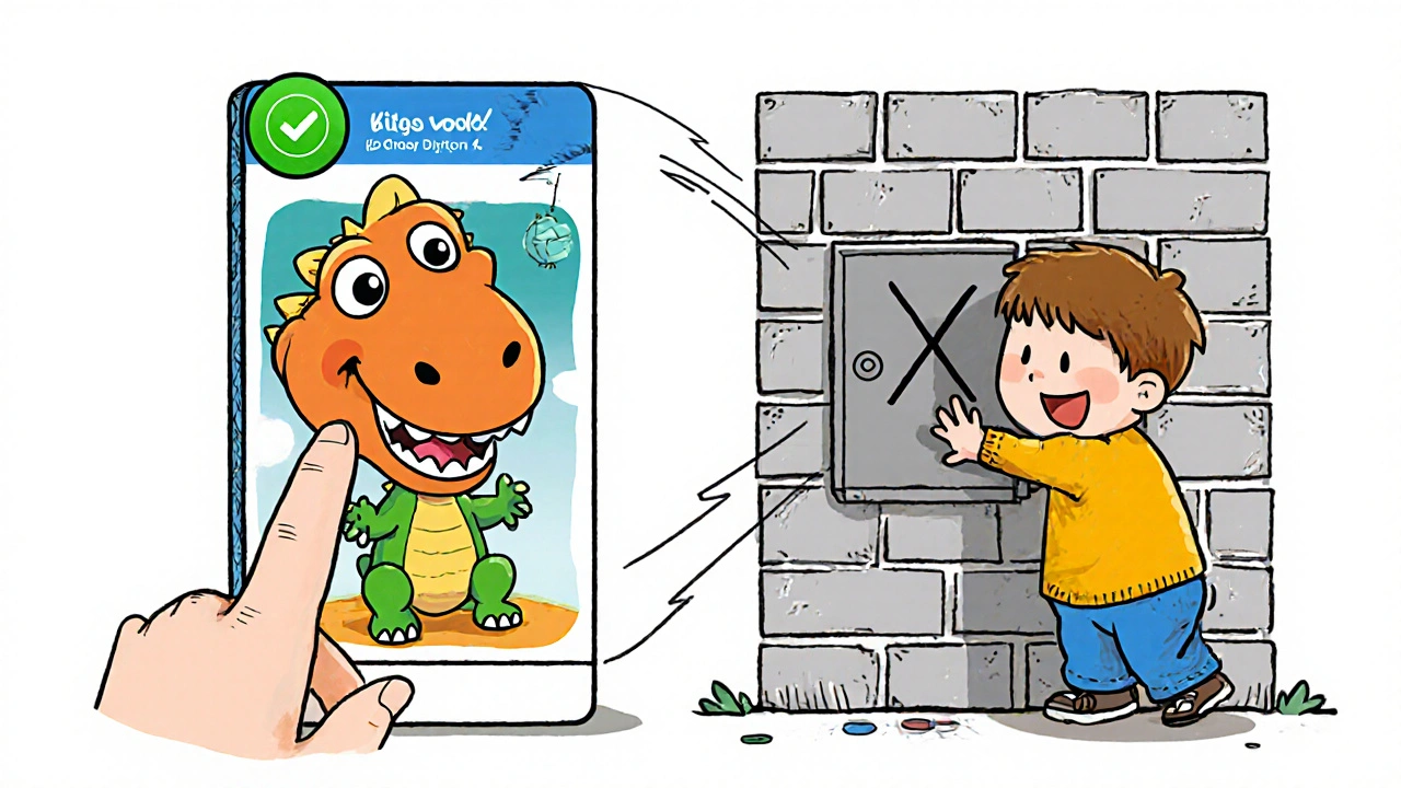 Child successfully accessing a game on one side, blocked apps sealed behind a solid wall on the other.