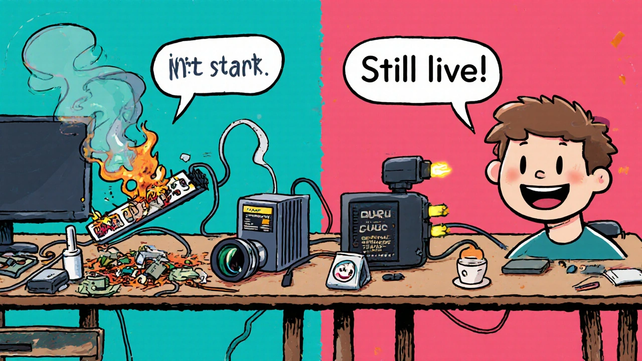 Contrasting scenes: a destroyed streaming setup vs. a protected one with all devices safely powered.