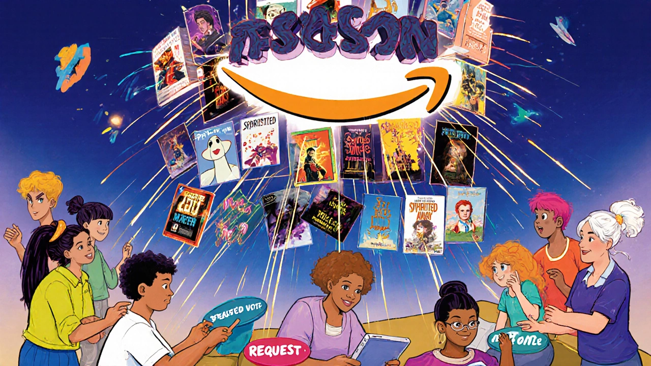 Diverse group of people voting together online, their actions connecting to a growing library of films.