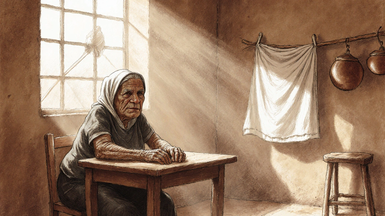 Elderly woman in a kitchen lit by sunlight bouncing off a white curtain, soft glow on her face.