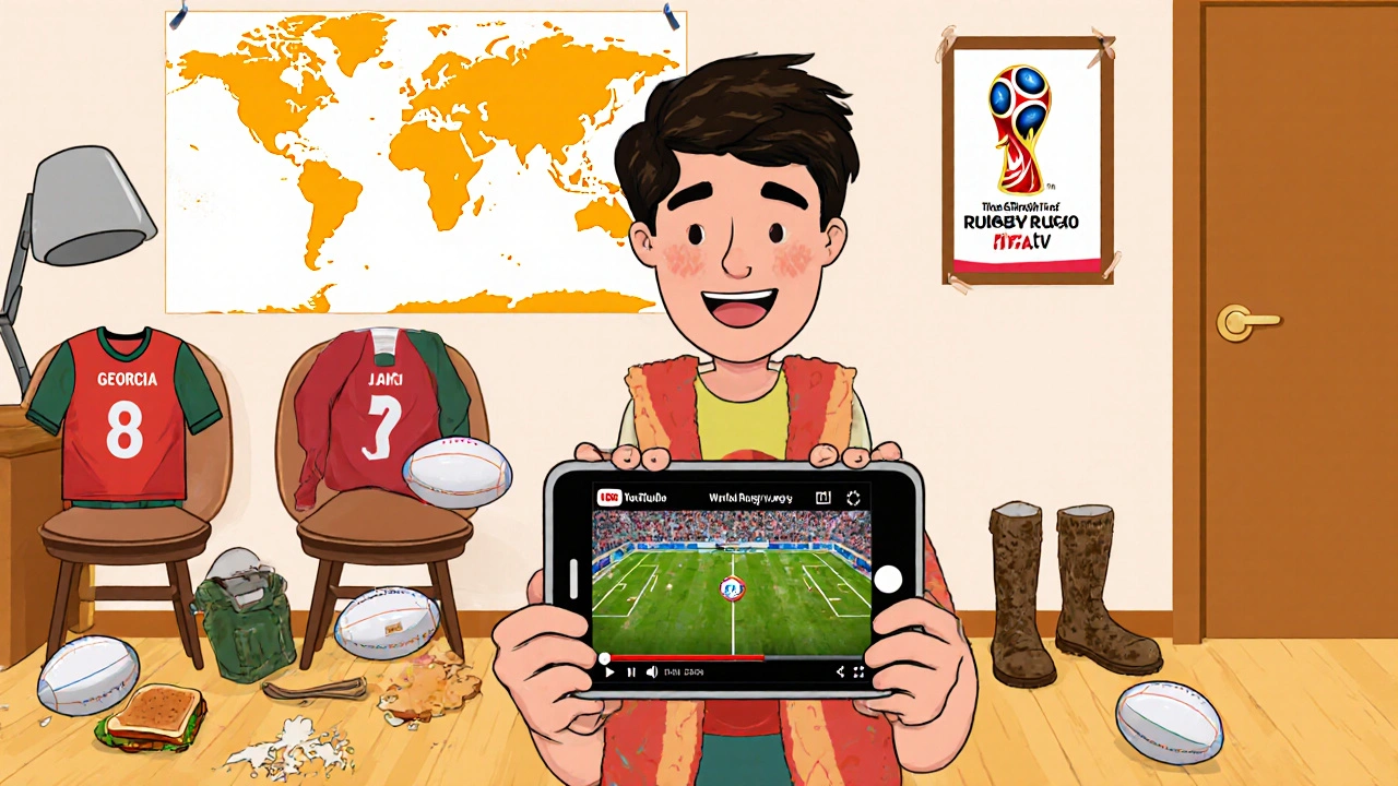 Fan watching World Rugby match on YouTube with rugby gear around