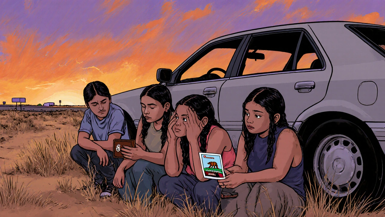 Four Indigenous teens huddle beside a stolen car at sunset on a dusty Oklahoma reservation.