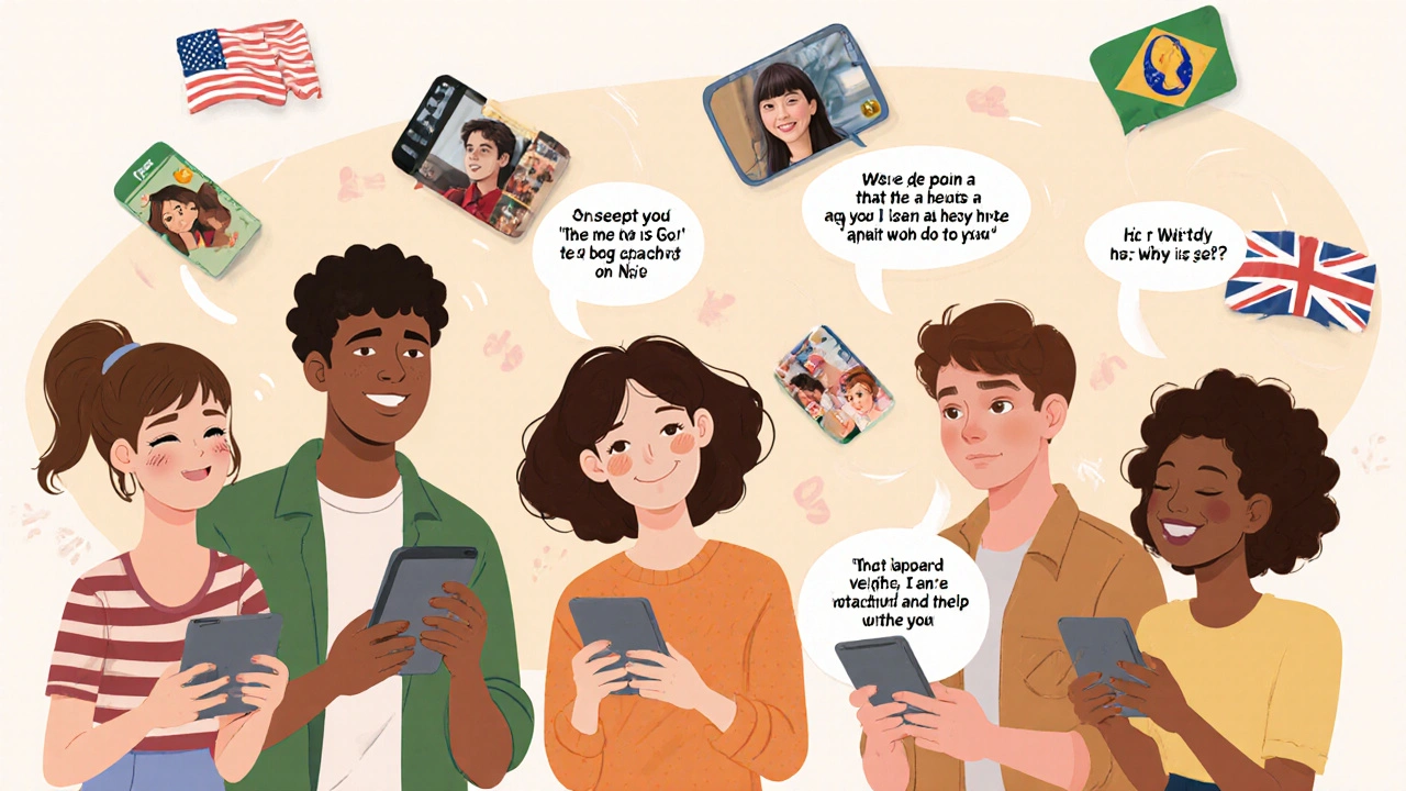 Friends in different countries watching the same K-drama together on their devices.