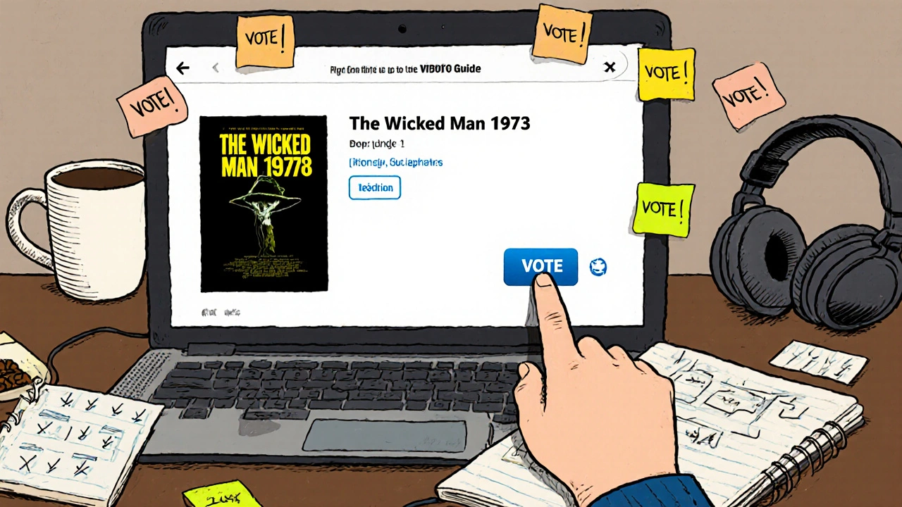 Hand clicking &#039;Vote&#039; button on Prime Video&#039;s suggestion page with sticky notes and laptop on a desk.