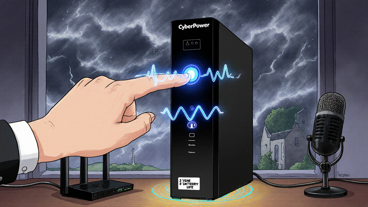 Hand pressing a UPS test button, with clean power waves flowing to a lit PC, router, and mic.