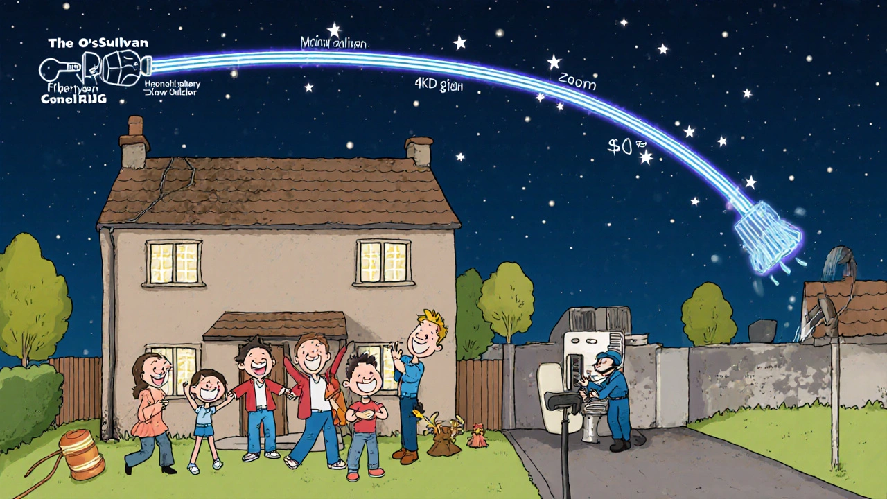 Happy Dublin family enjoying buffer-free streaming after switching to fiber, with technician installing new line outside.