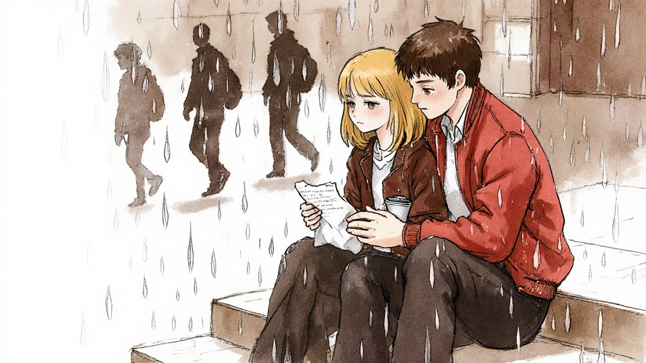 Kat and Patrick sitting silently on rainy steps, sharing a quiet moment with coffee.