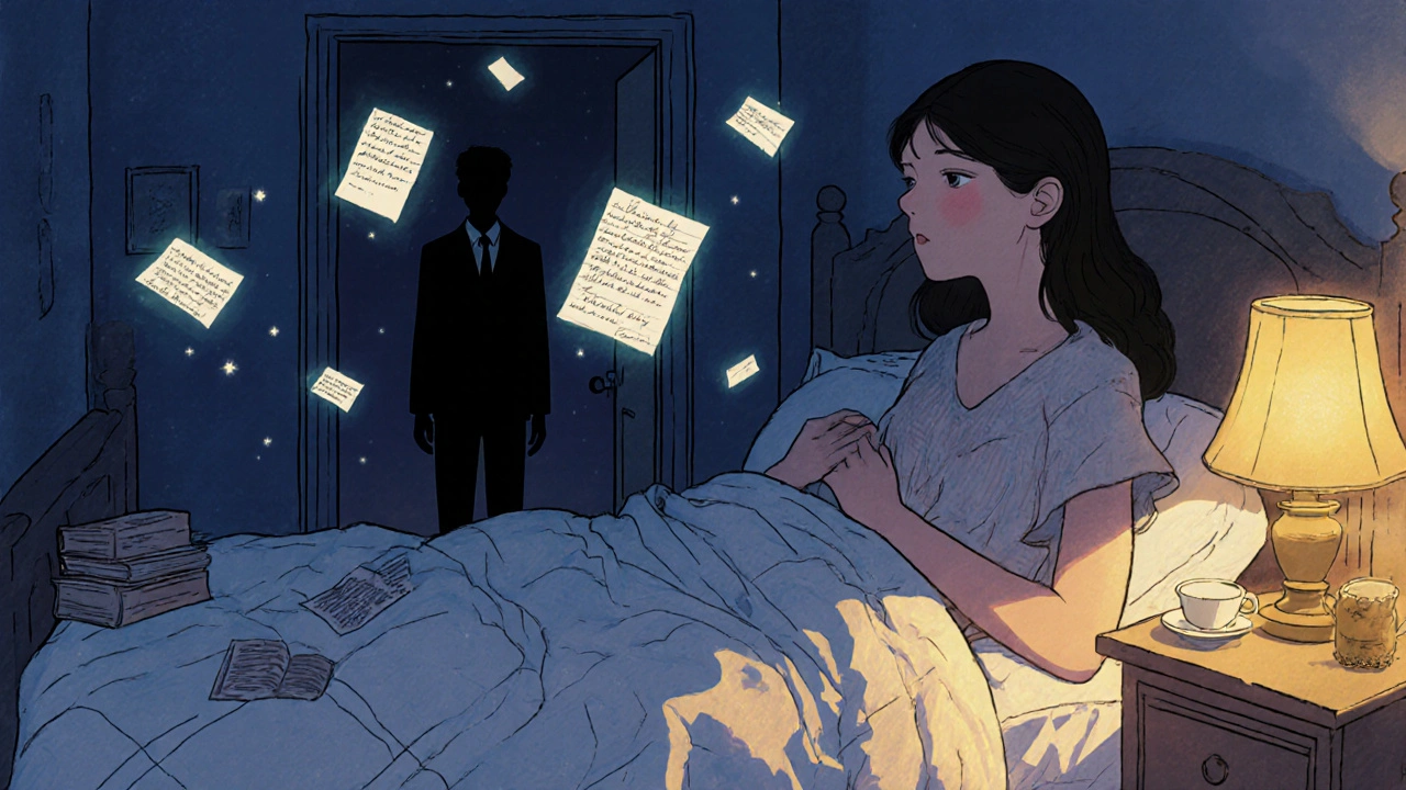 Lara Jean in her room surrounded by glowing love letters as Peter waits outside her door.