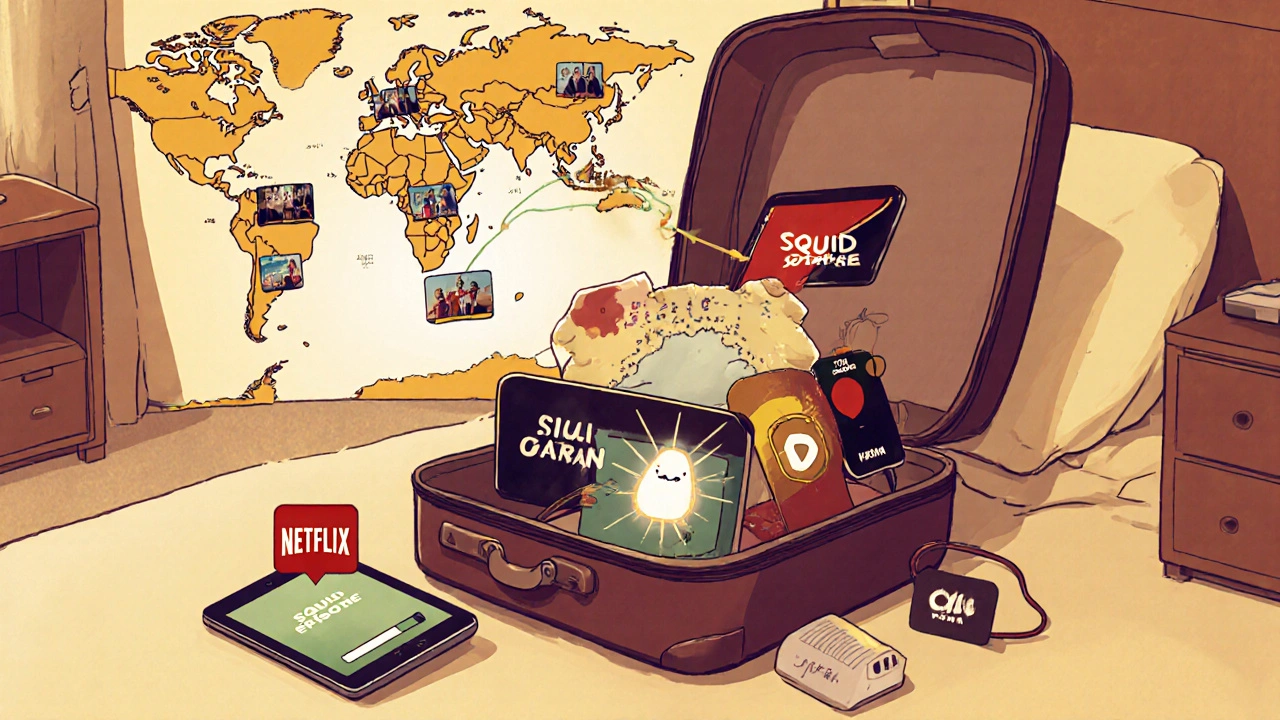 Open suitcase with downloaded Netflix shows and a world map, highlighting international content destinations.