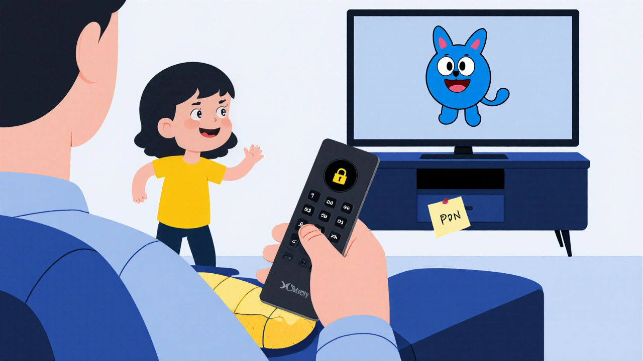 Parent entering a secure PIN on a Fire TV remote, with a hidden sticky note under the couch.