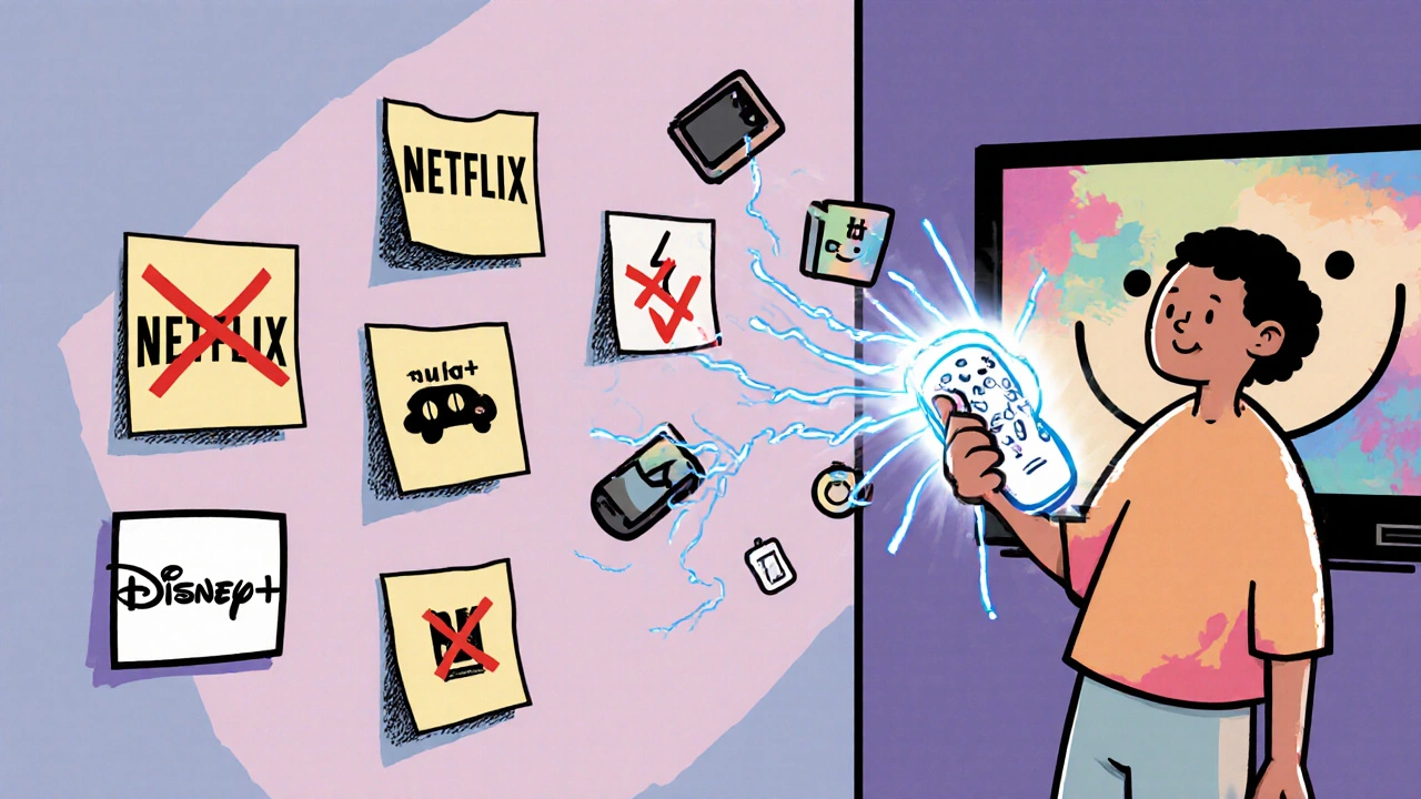 Person using a glowing remote to remove floating device icons from a wall of streaming service sticky notes.